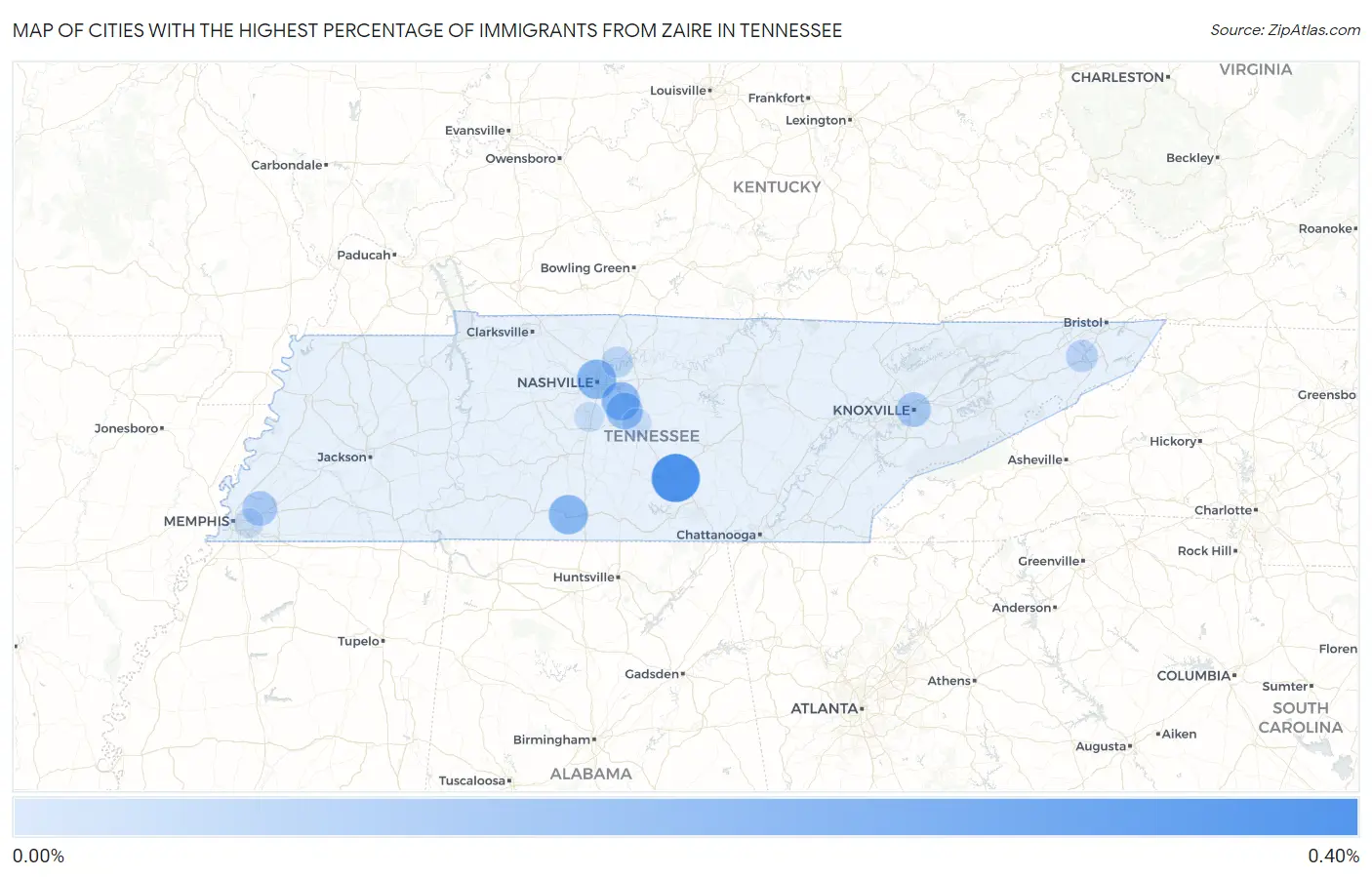 Cities with the Highest Percentage of Immigrants from Zaire in Tennessee Map