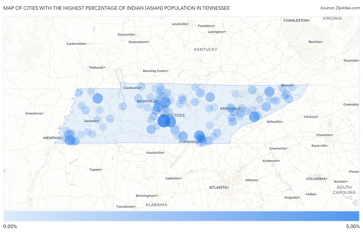 Cities with the Highest Percentage of Indian (Asian) Population in Tennessee Map