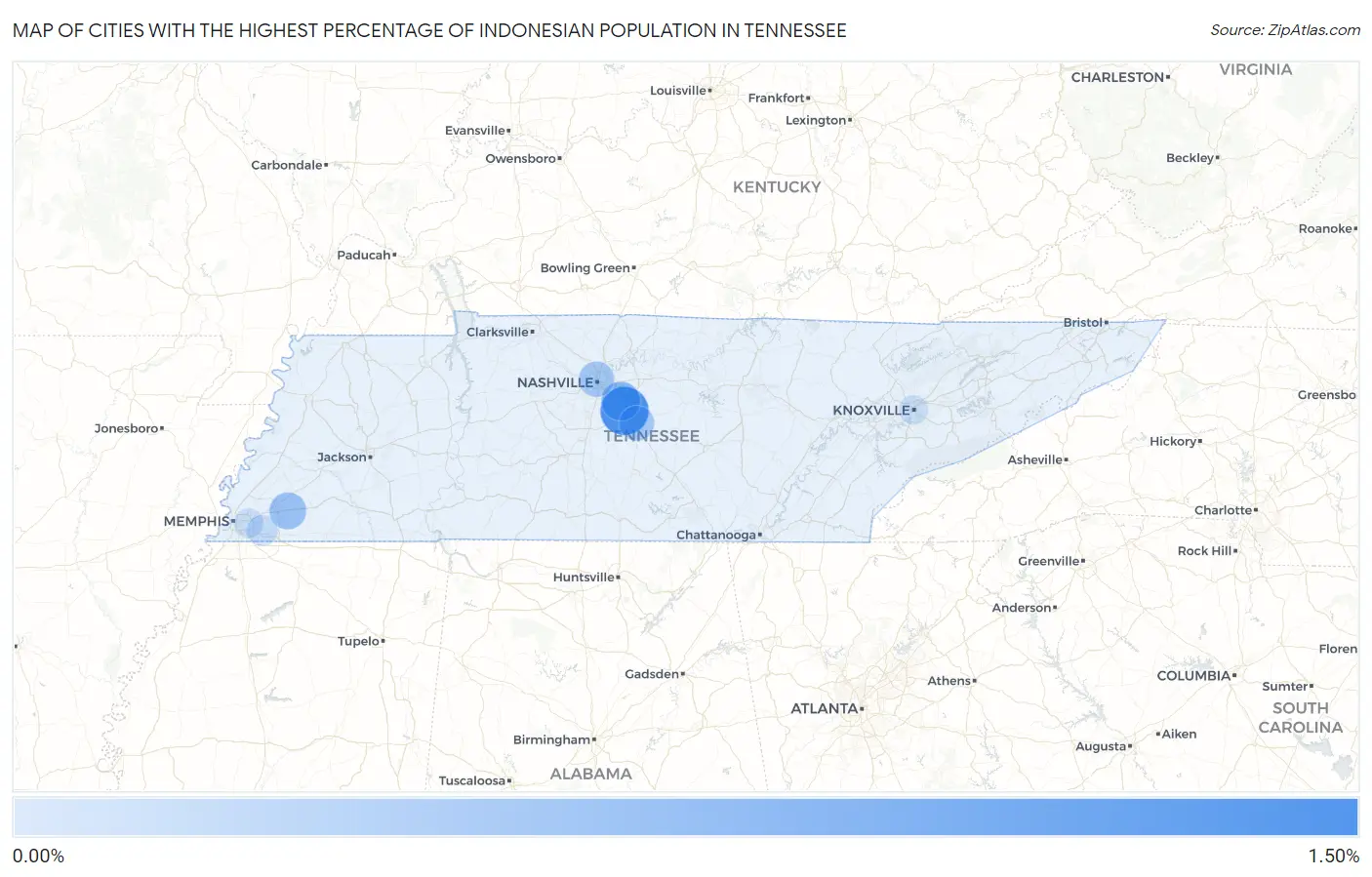 Cities with the Highest Percentage of Indonesian Population in Tennessee Map