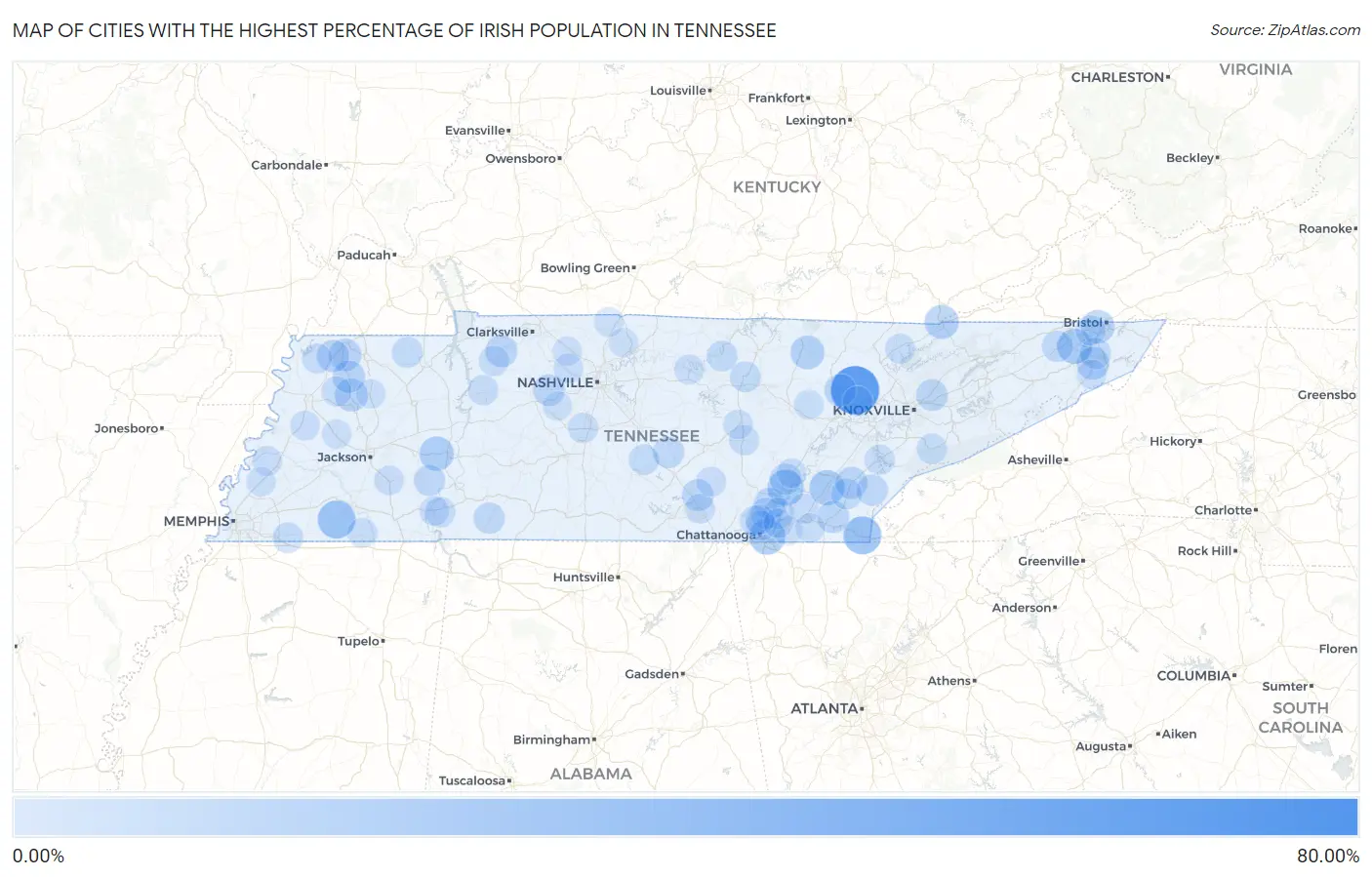 Cities with the Highest Percentage of Irish Population in Tennessee Map