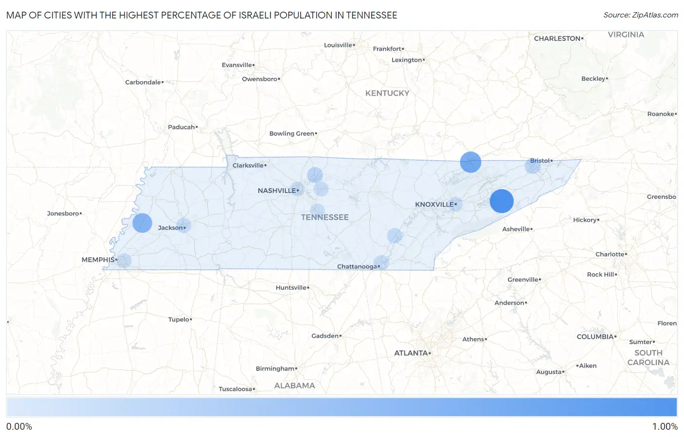 Cities with the Highest Percentage of Israeli Population in Tennessee Map