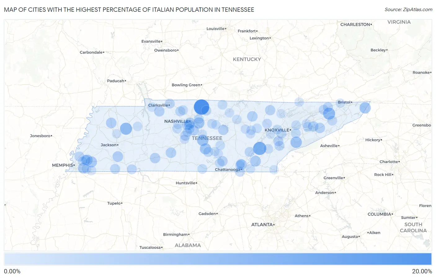 Cities with the Highest Percentage of Italian Population in Tennessee Map