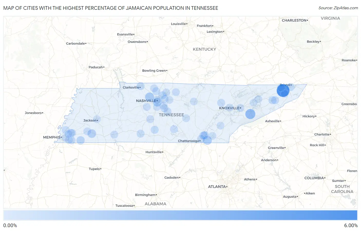 Cities with the Highest Percentage of Jamaican Population in Tennessee Map