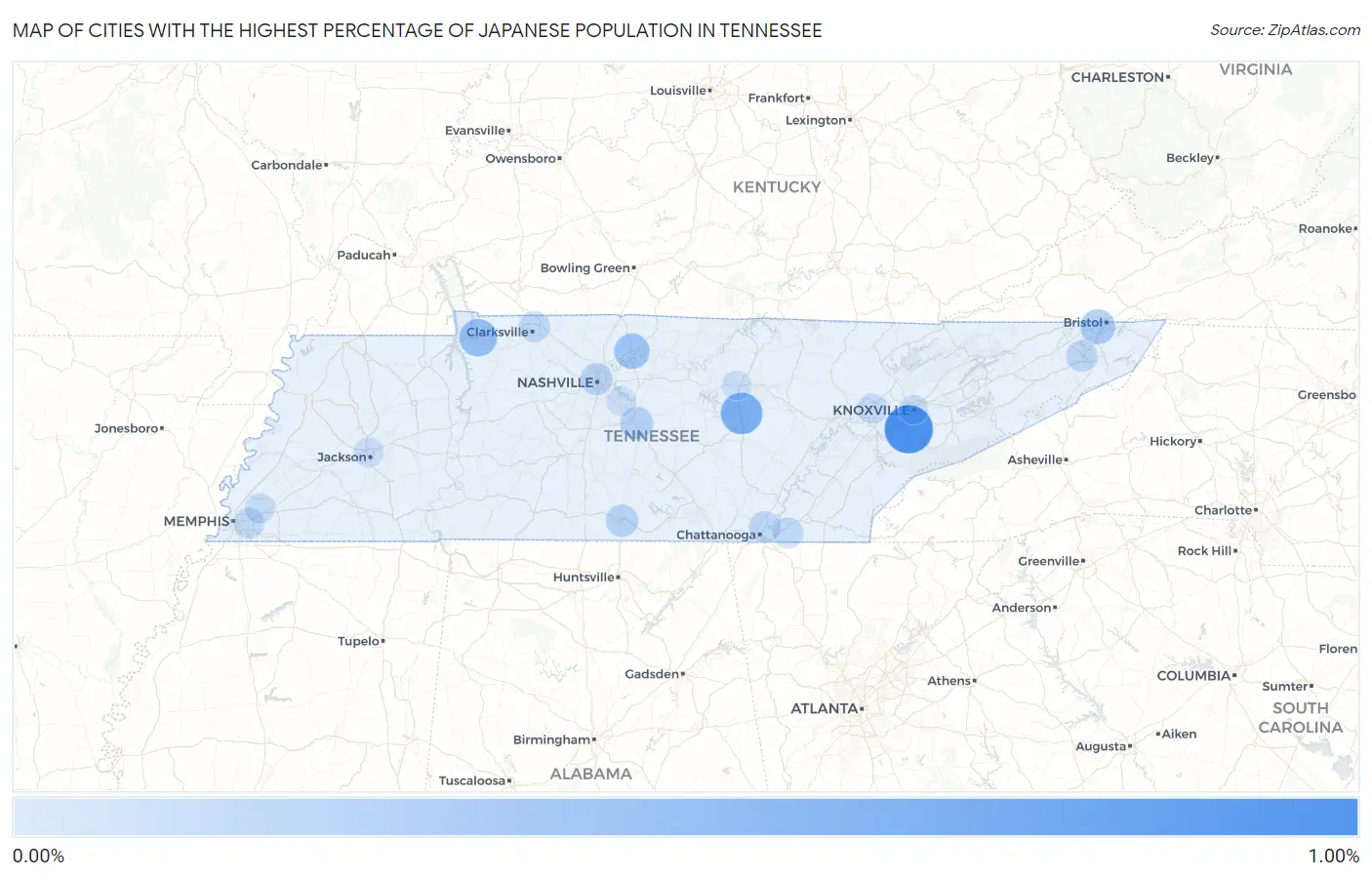 Cities with the Highest Percentage of Japanese Population in Tennessee Map