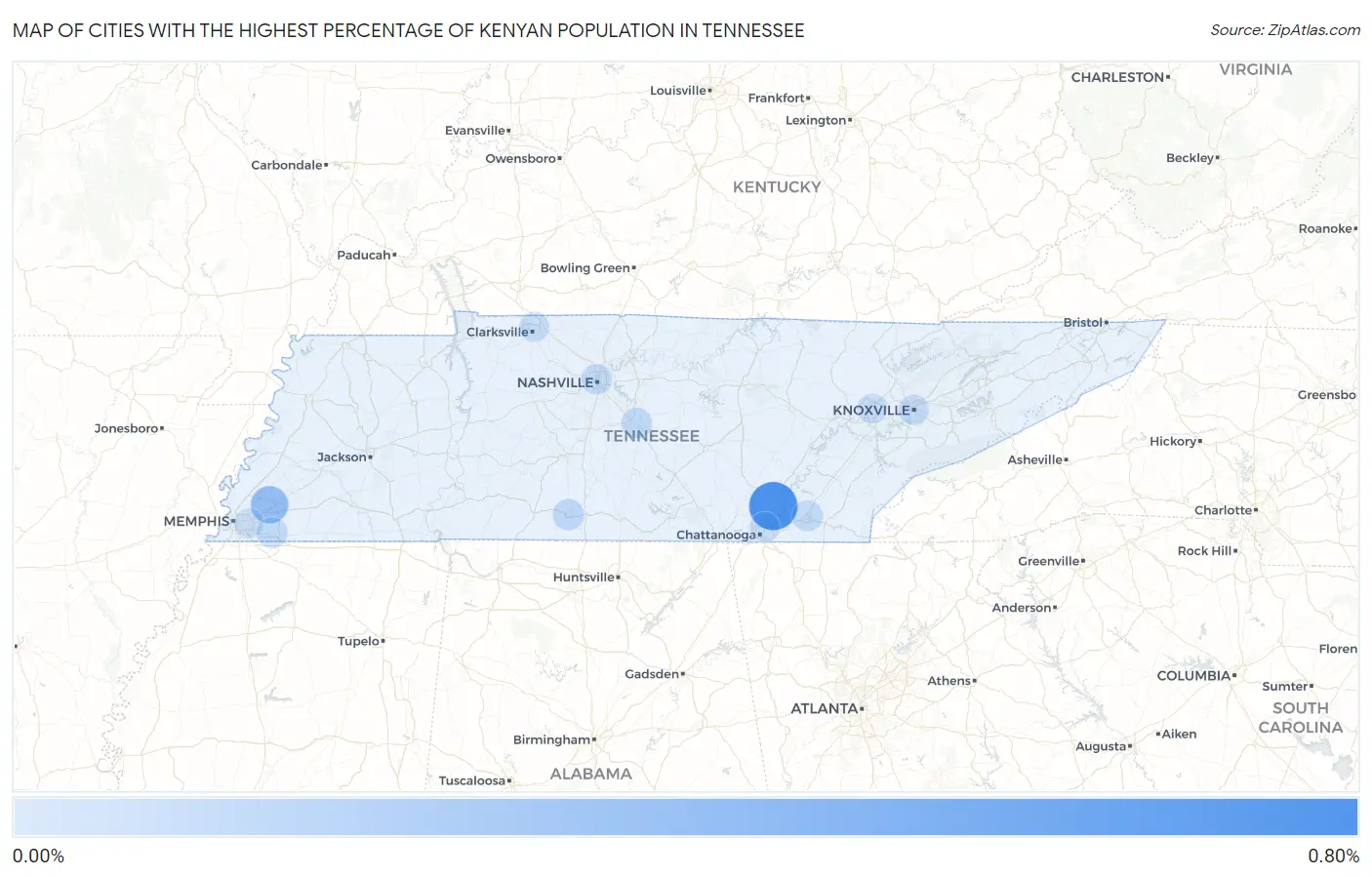 Cities with the Highest Percentage of Kenyan Population in Tennessee Map