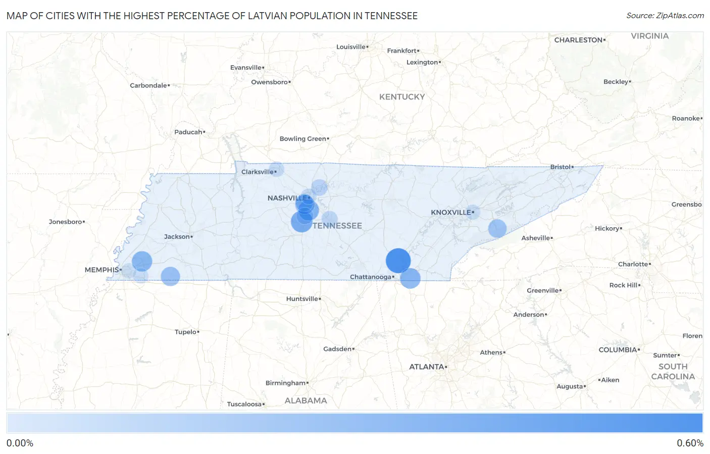Cities with the Highest Percentage of Latvian Population in Tennessee Map