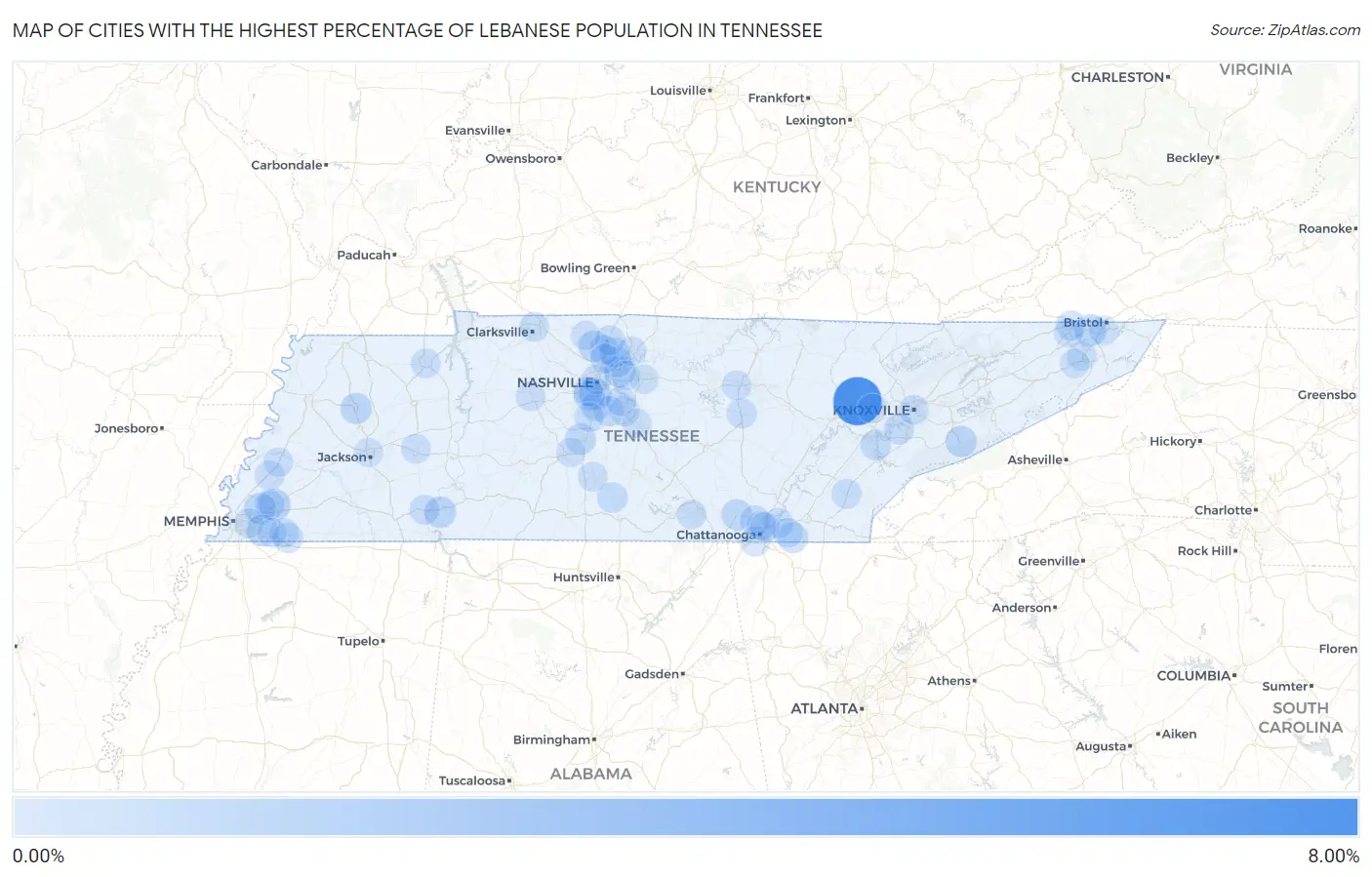 Cities with the Highest Percentage of Lebanese Population in Tennessee Map