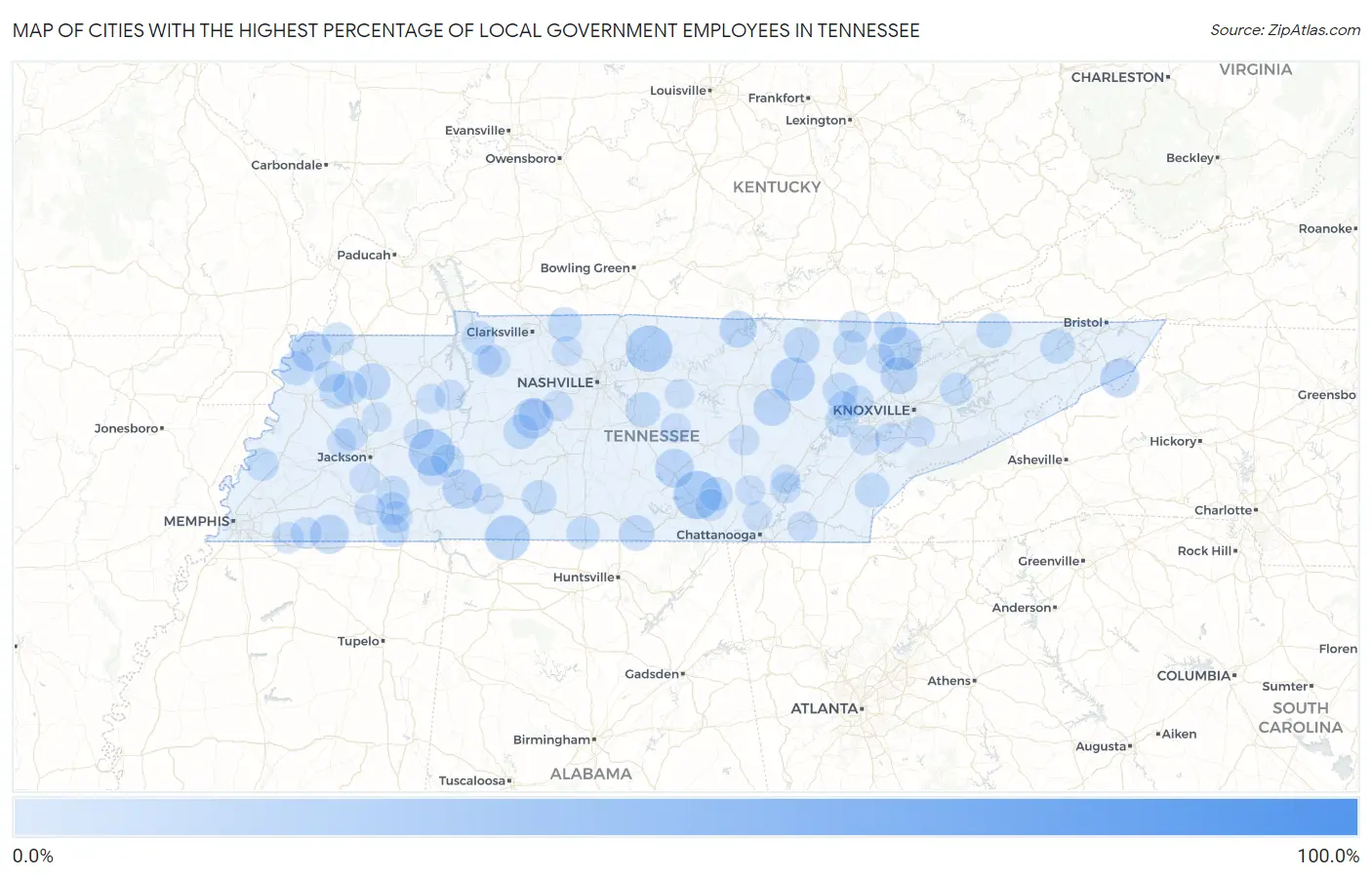 Cities with the Highest Percentage of Local Government Employees in Tennessee Map