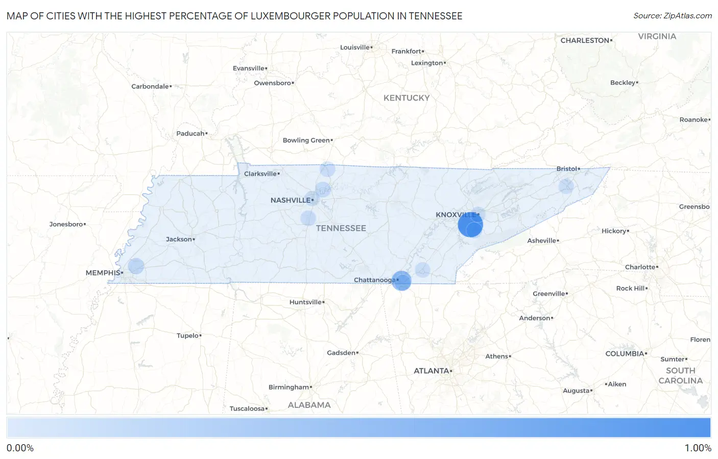 Cities with the Highest Percentage of Luxembourger Population in Tennessee Map