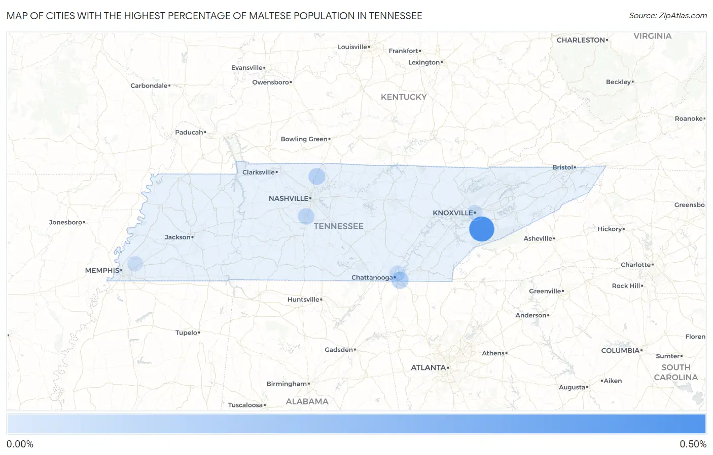 Cities with the Highest Percentage of Maltese Population in Tennessee Map
