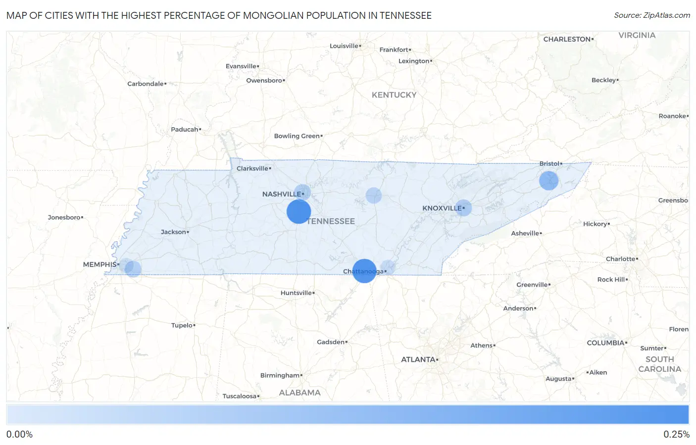 Cities with the Highest Percentage of Mongolian Population in Tennessee Map