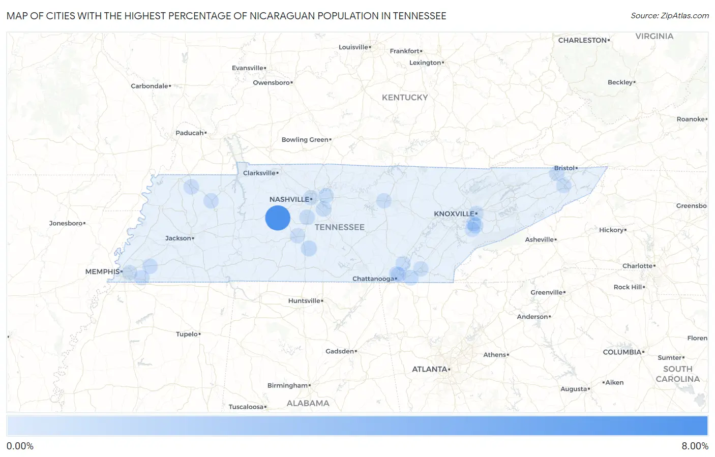 Cities with the Highest Percentage of Nicaraguan Population in Tennessee Map