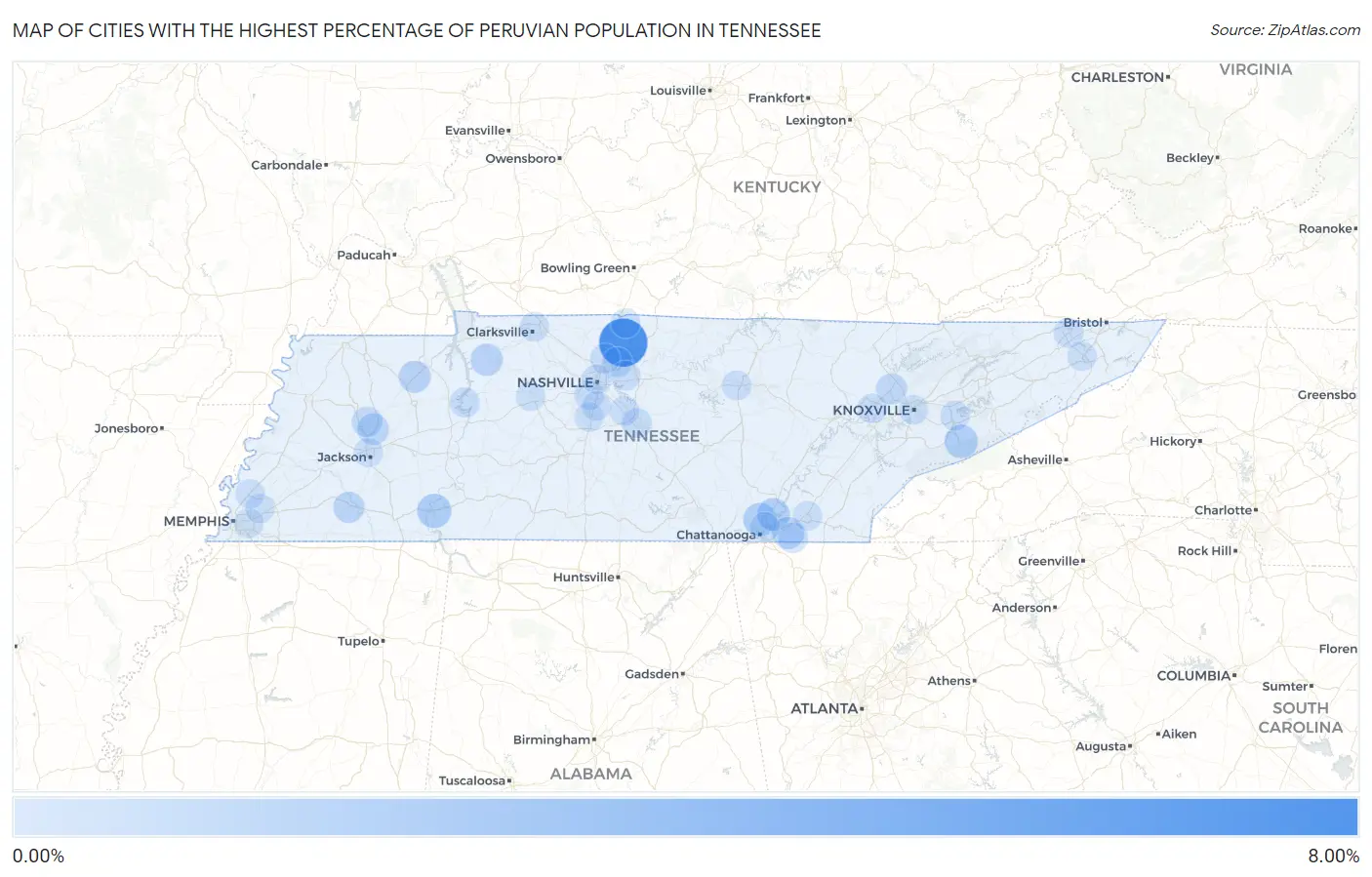 Cities with the Highest Percentage of Peruvian Population in Tennessee Map