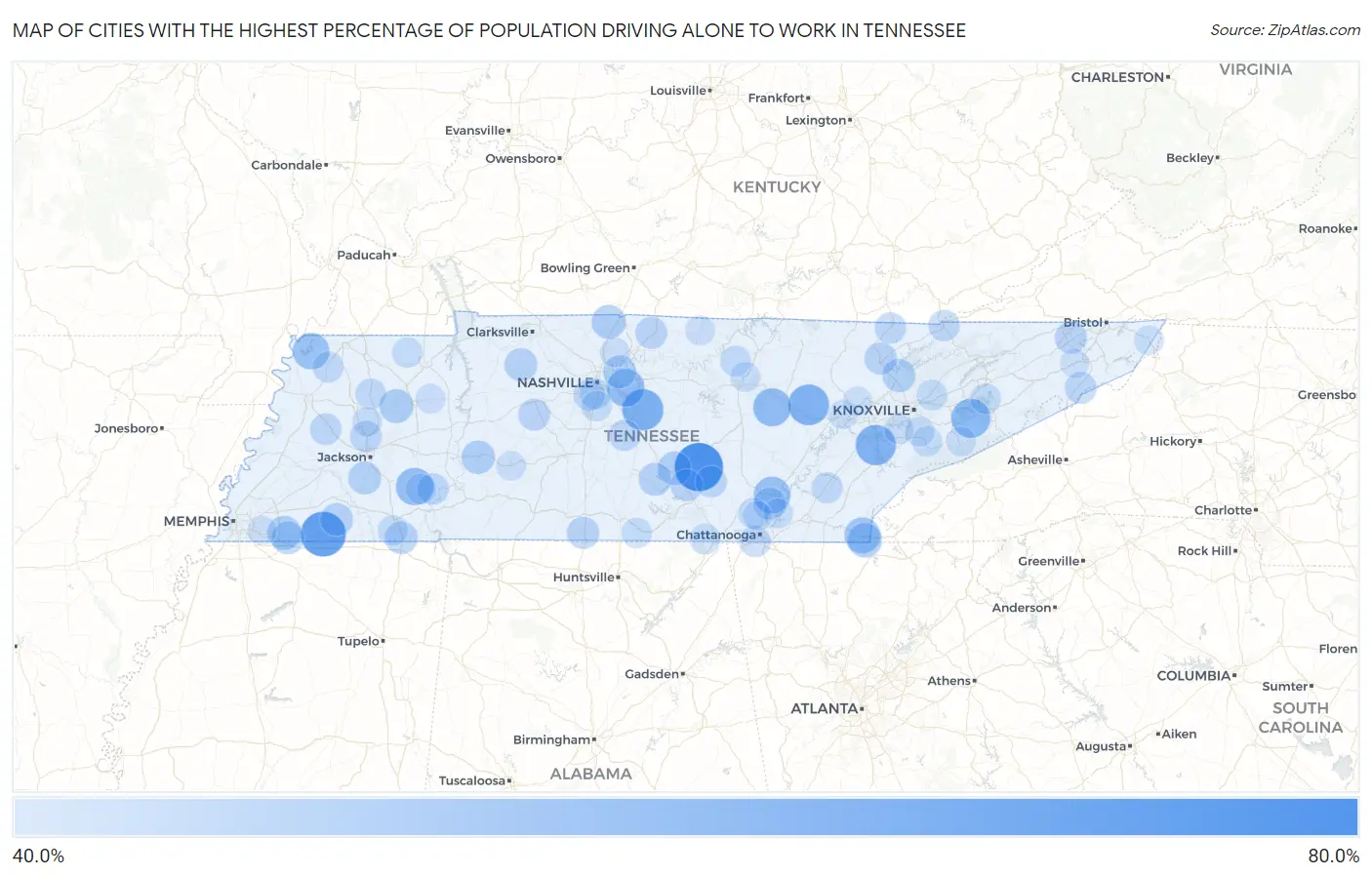 Cities with the Highest Percentage of Population Driving Alone to Work in Tennessee Map