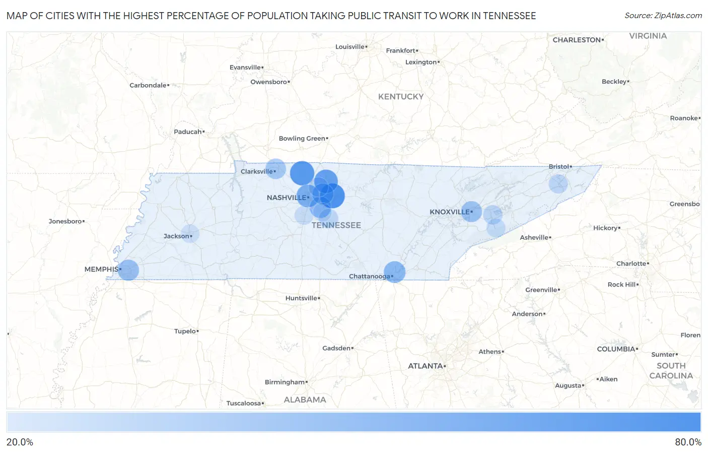 Cities with the Highest Percentage of Population Taking Public Transit to Work in Tennessee Map