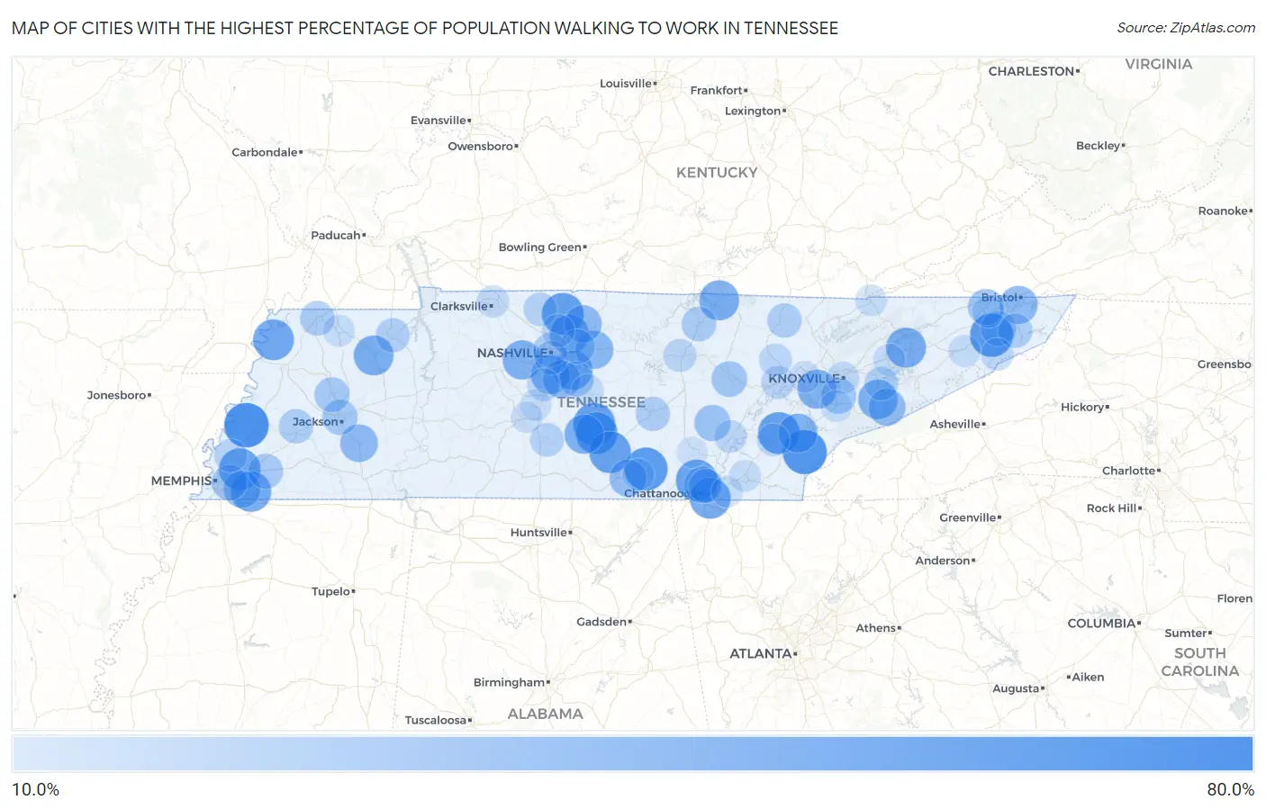 Cities with the Highest Percentage of Population Walking to Work in Tennessee Map