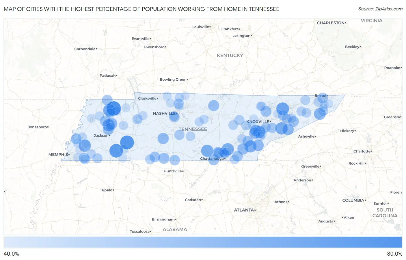 Cities with the Highest Percentage of Population Working from Home in Tennessee Map