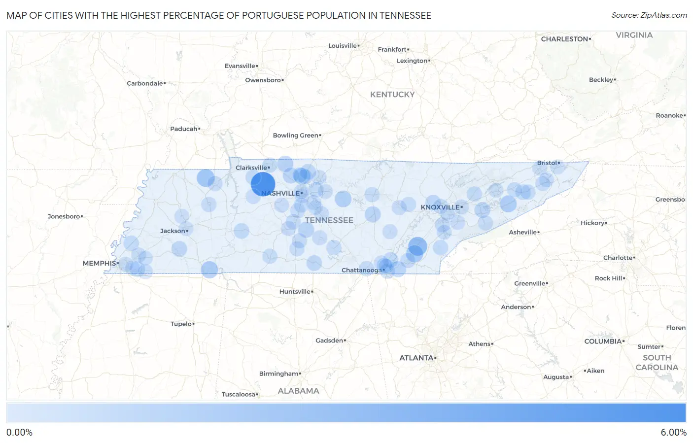 Cities with the Highest Percentage of Portuguese Population in Tennessee Map
