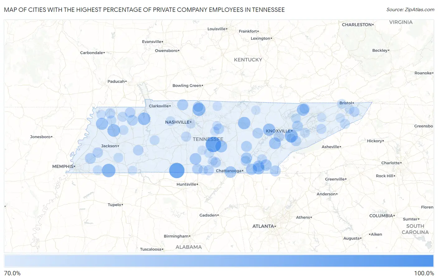 Cities with the Highest Percentage of Private Company Employees in Tennessee Map