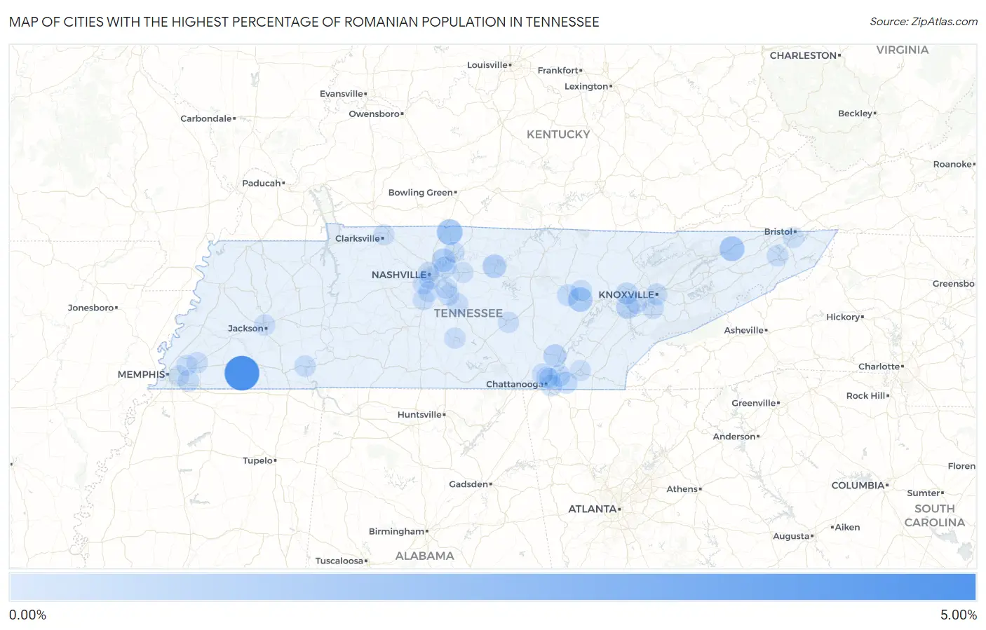 Cities with the Highest Percentage of Romanian Population in Tennessee Map