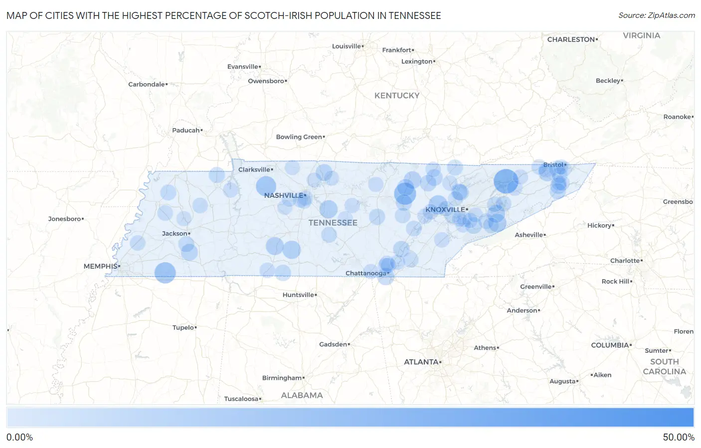 Cities with the Highest Percentage of Scotch-Irish Population in Tennessee Map