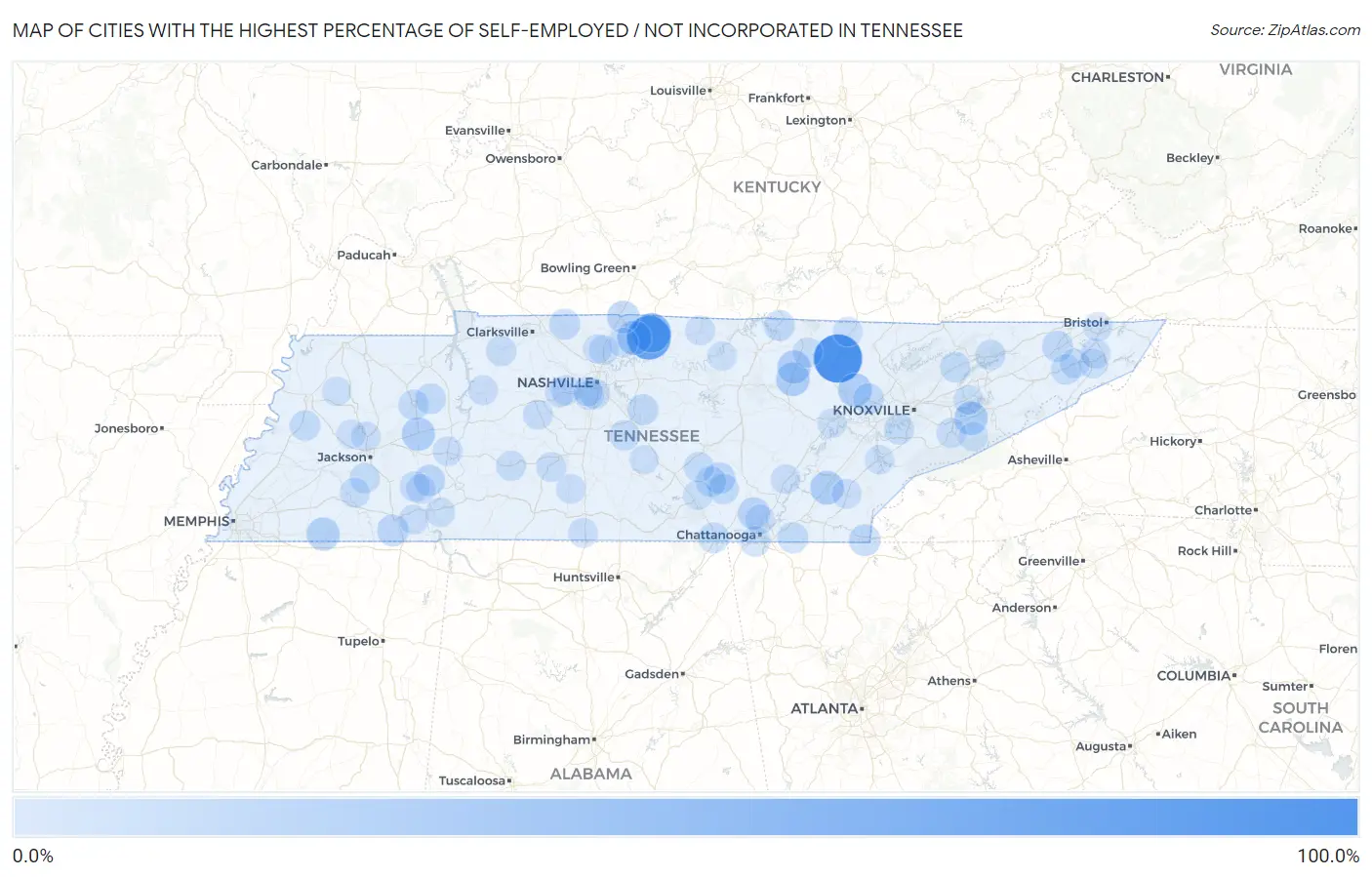 Cities with the Highest Percentage of Self-Employed / Not Incorporated in Tennessee Map