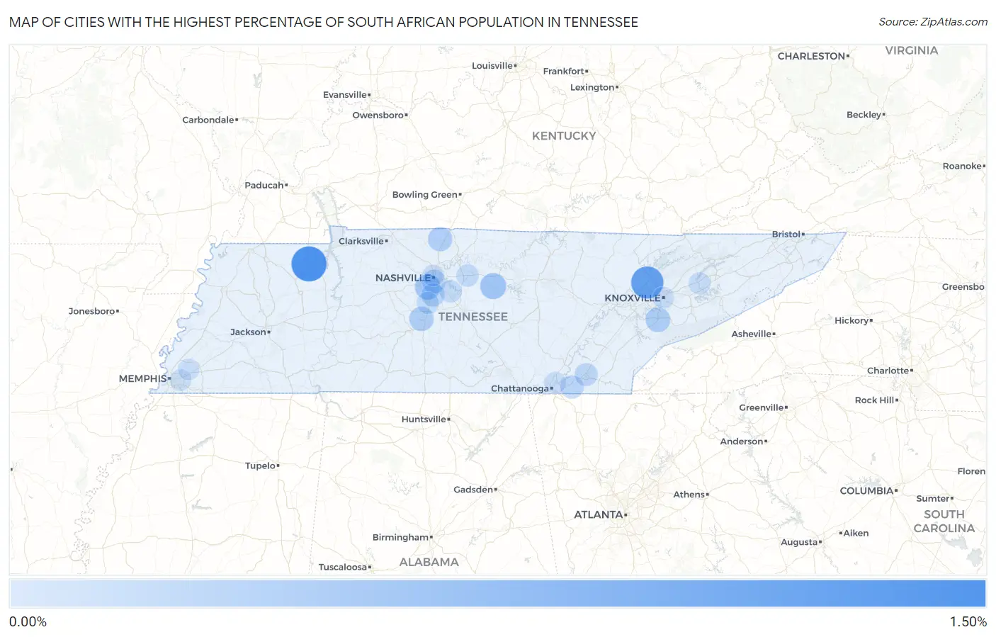 Cities with the Highest Percentage of South African Population in Tennessee Map
