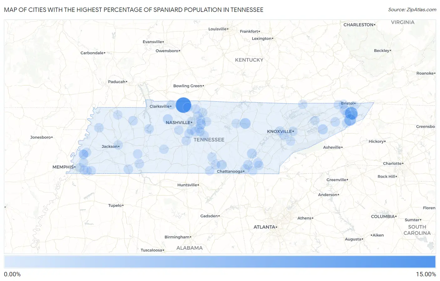 Cities with the Highest Percentage of Spaniard Population in Tennessee Map