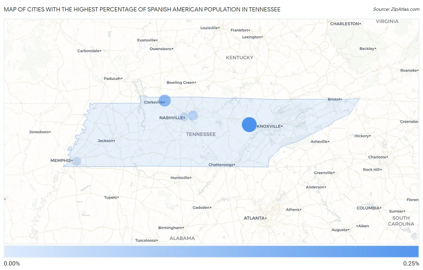 Cities with the Highest Percentage of Spanish American Population in Tennessee Map