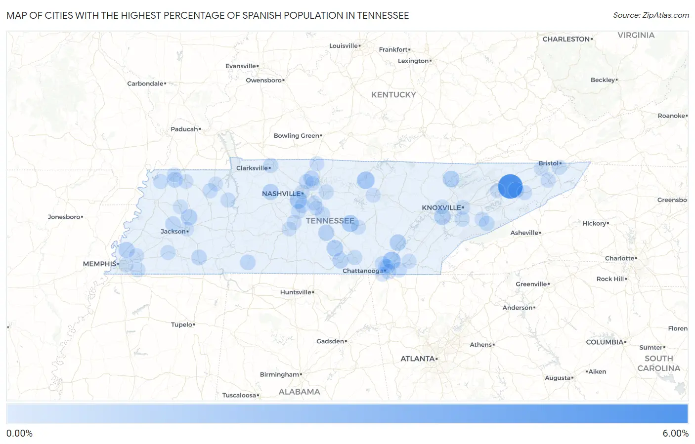 Cities with the Highest Percentage of Spanish Population in Tennessee Map