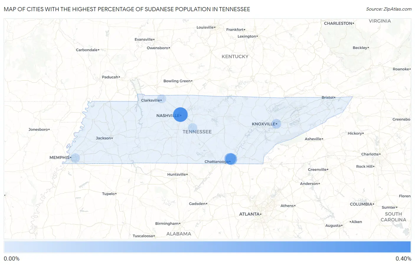 Cities with the Highest Percentage of Sudanese Population in Tennessee Map