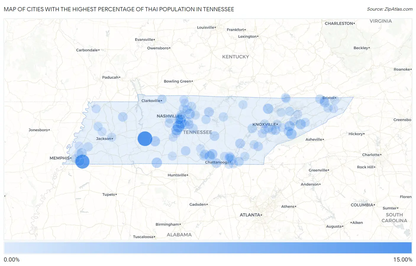 Cities with the Highest Percentage of Thai Population in Tennessee Map