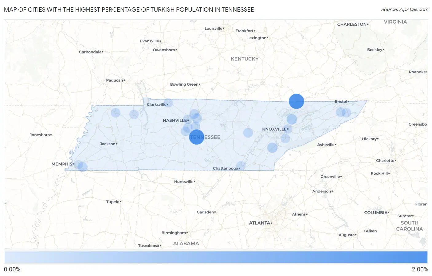 Cities with the Highest Percentage of Turkish Population in Tennessee Map