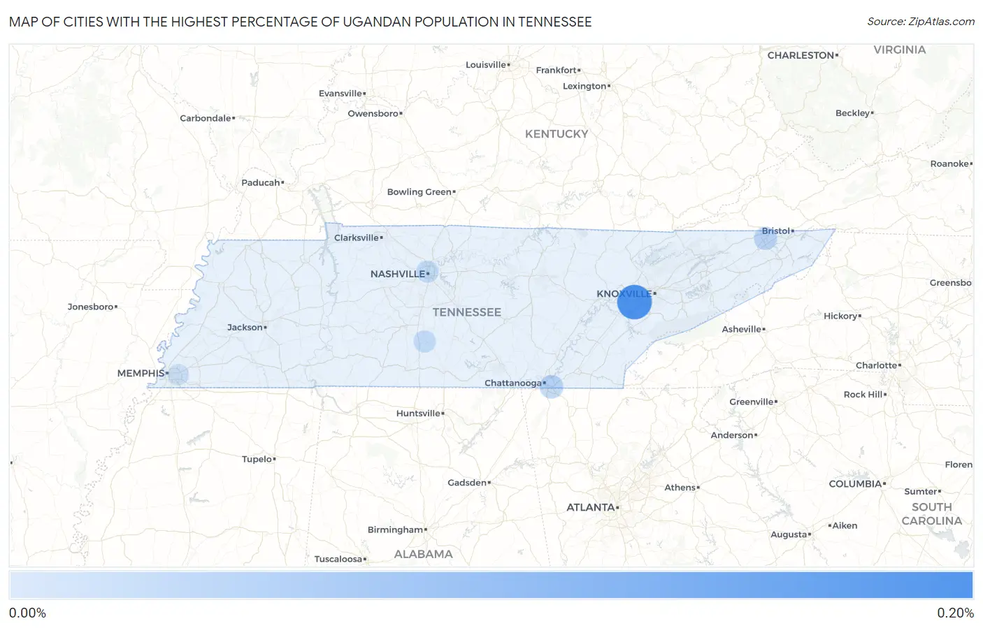 Cities with the Highest Percentage of Ugandan Population in Tennessee Map