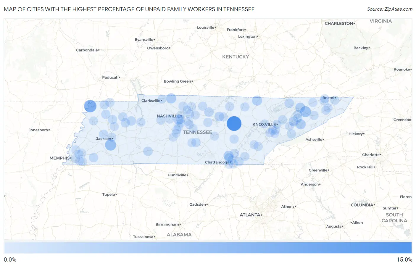 Cities with the Highest Percentage of Unpaid Family Workers in Tennessee Map
