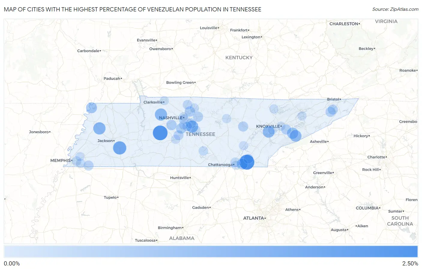 Cities with the Highest Percentage of Venezuelan Population in Tennessee Map