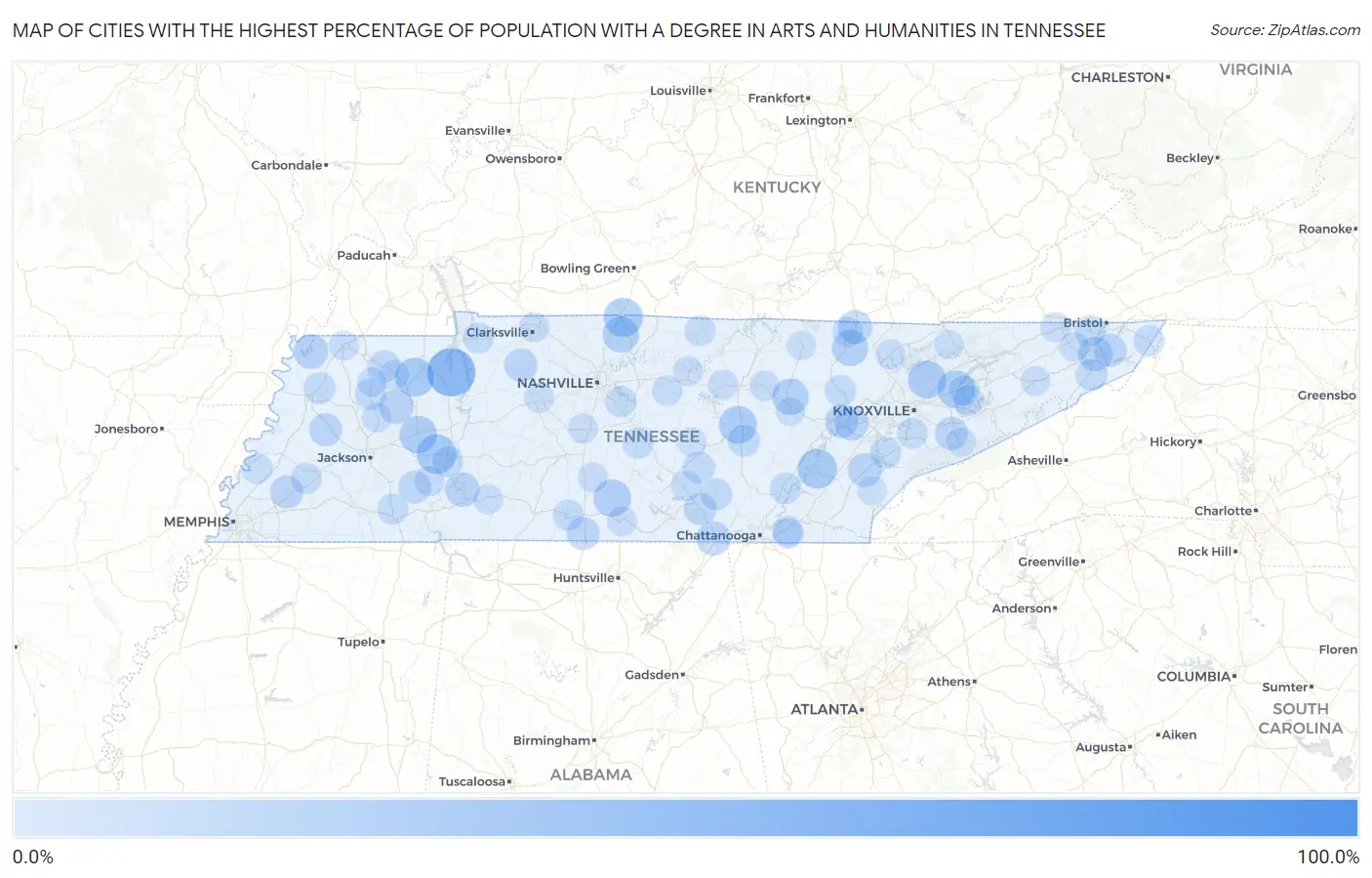 Cities with the Highest Percentage of Population with a Degree in Arts and Humanities in Tennessee Map