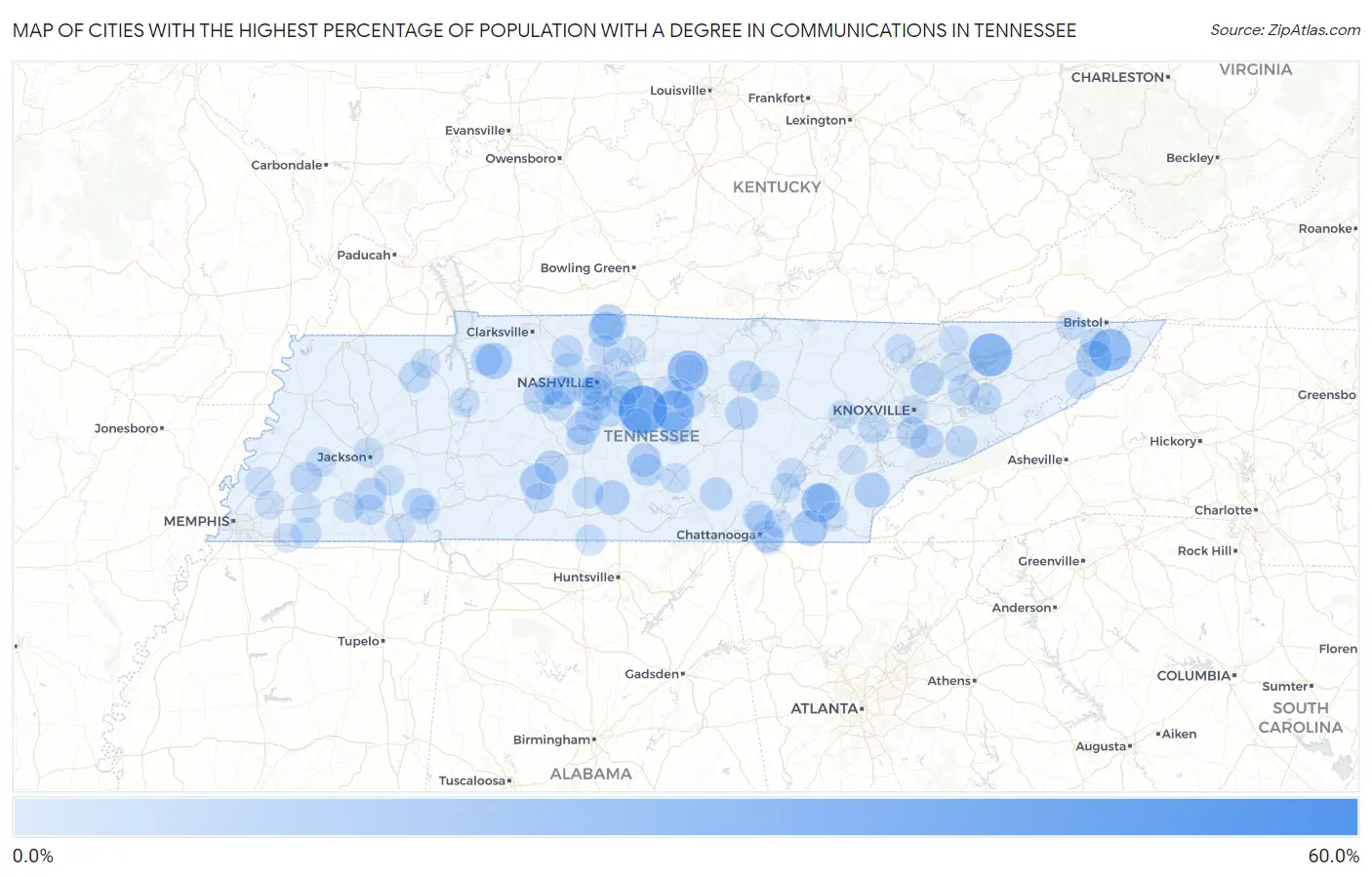 Cities with the Highest Percentage of Population with a Degree in Communications in Tennessee Map