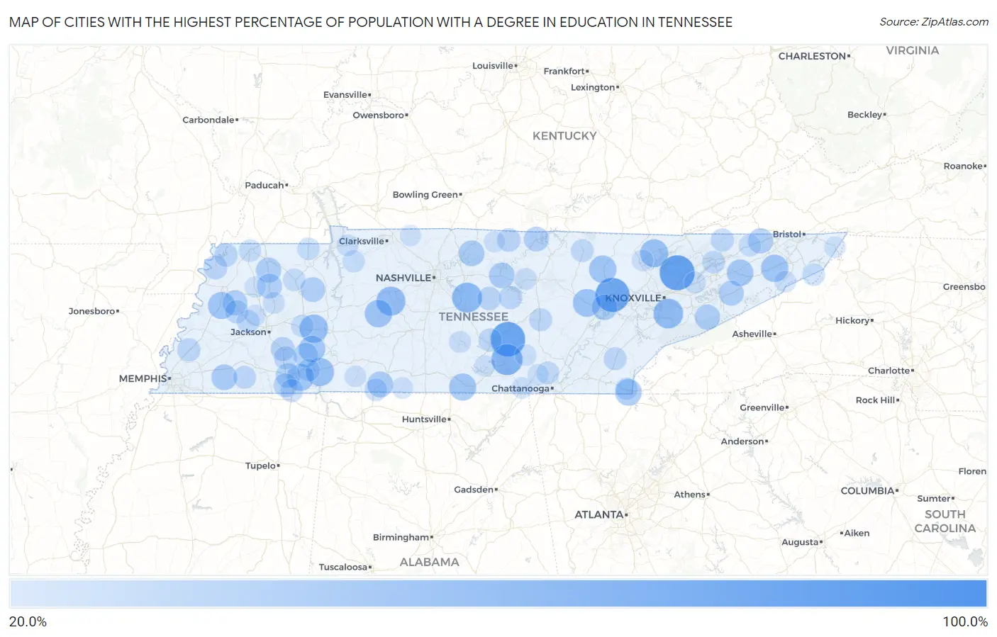 Cities with the Highest Percentage of Population with a Degree in Education in Tennessee Map