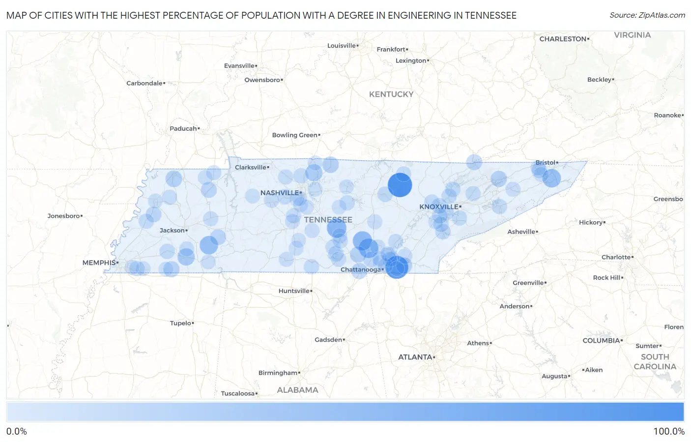 Cities with the Highest Percentage of Population with a Degree in Engineering in Tennessee Map