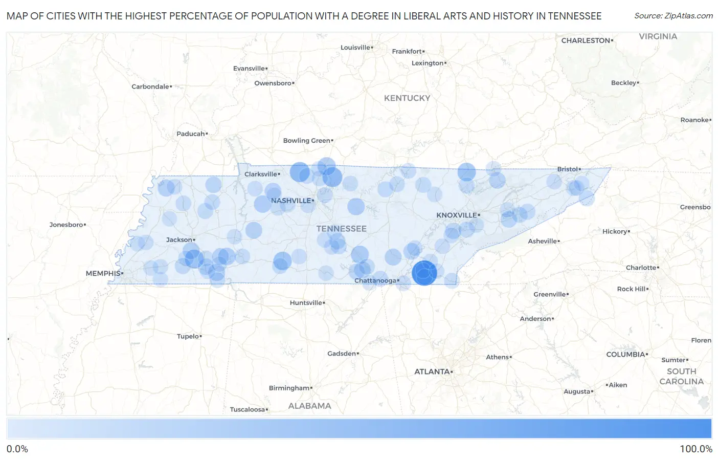 Cities with the Highest Percentage of Population with a Degree in Liberal Arts and History in Tennessee Map