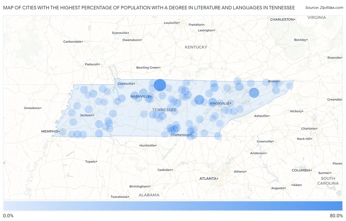 Cities with the Highest Percentage of Population with a Degree in Literature and Languages in Tennessee Map