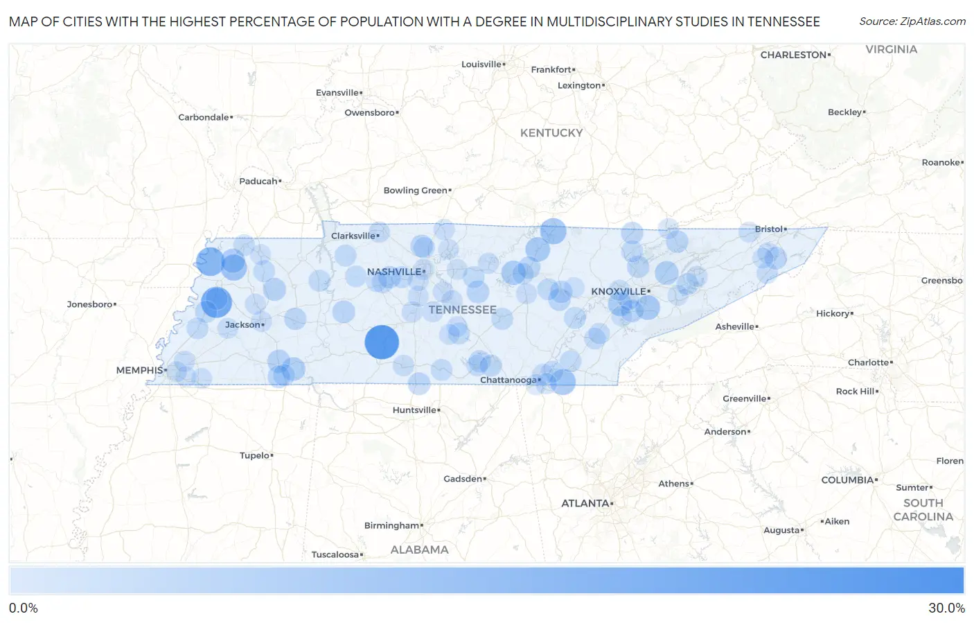 Cities with the Highest Percentage of Population with a Degree in Multidisciplinary Studies in Tennessee Map
