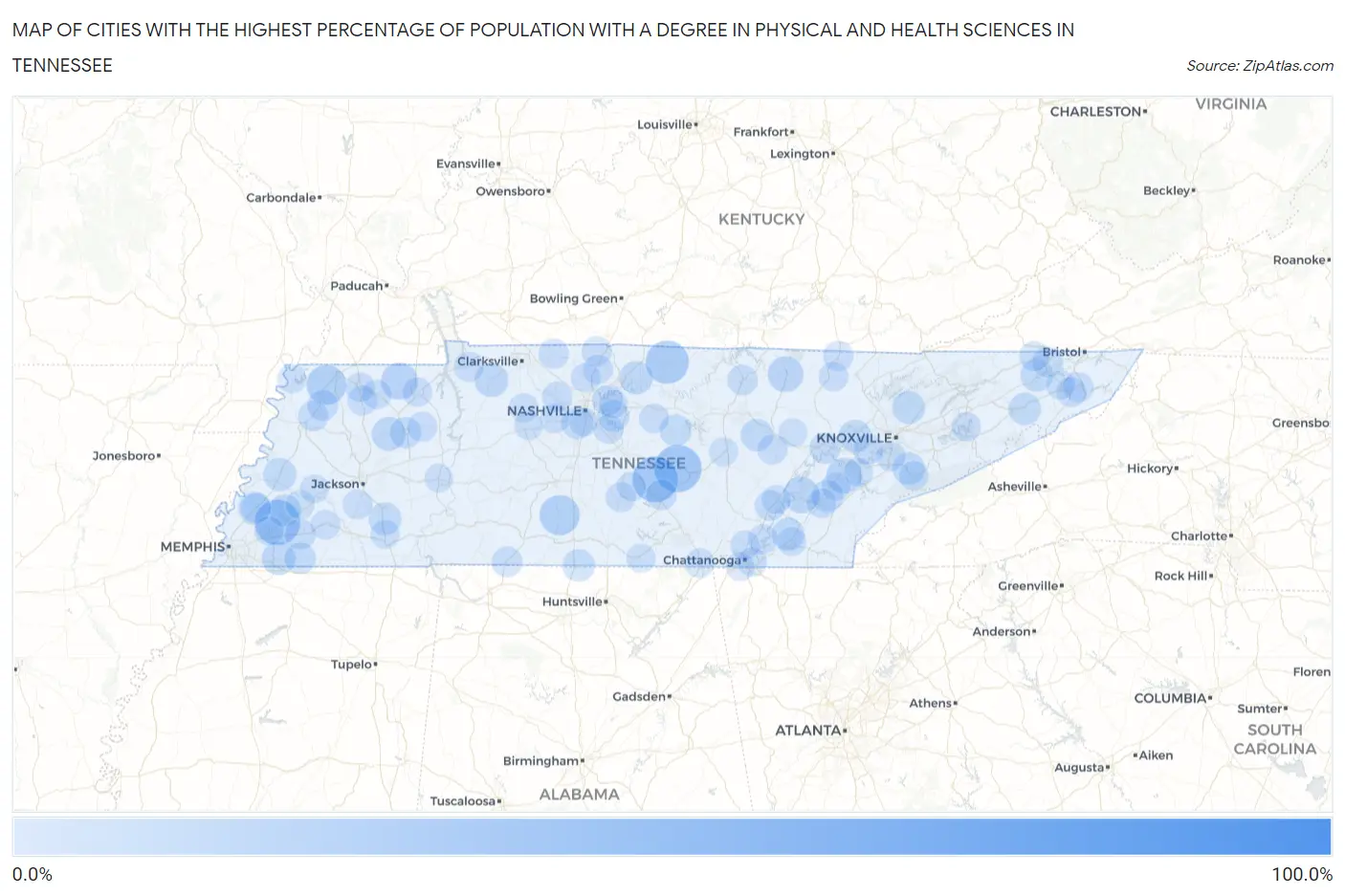 Cities with the Highest Percentage of Population with a Degree in Physical and Health Sciences in Tennessee Map