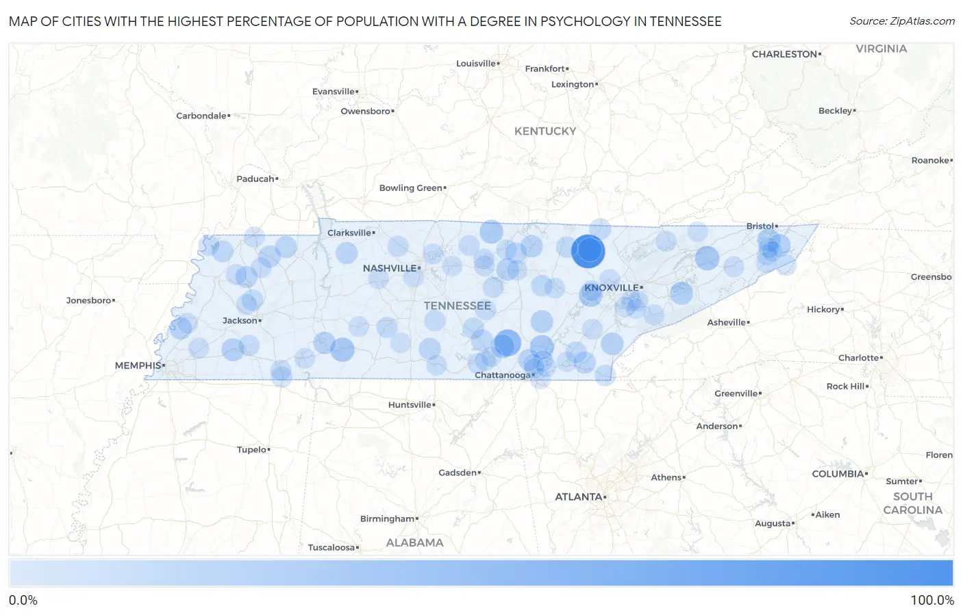 Cities with the Highest Percentage of Population with a Degree in Psychology in Tennessee Map