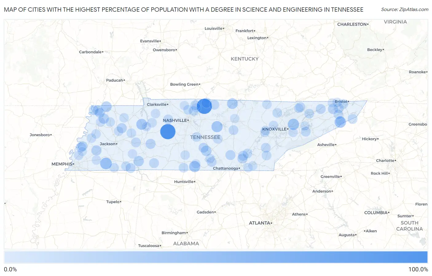 Cities with the Highest Percentage of Population with a Degree in Science and Engineering in Tennessee Map