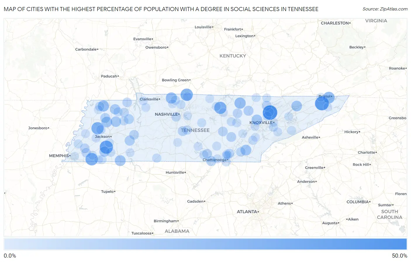 Cities with the Highest Percentage of Population with a Degree in Social Sciences in Tennessee Map