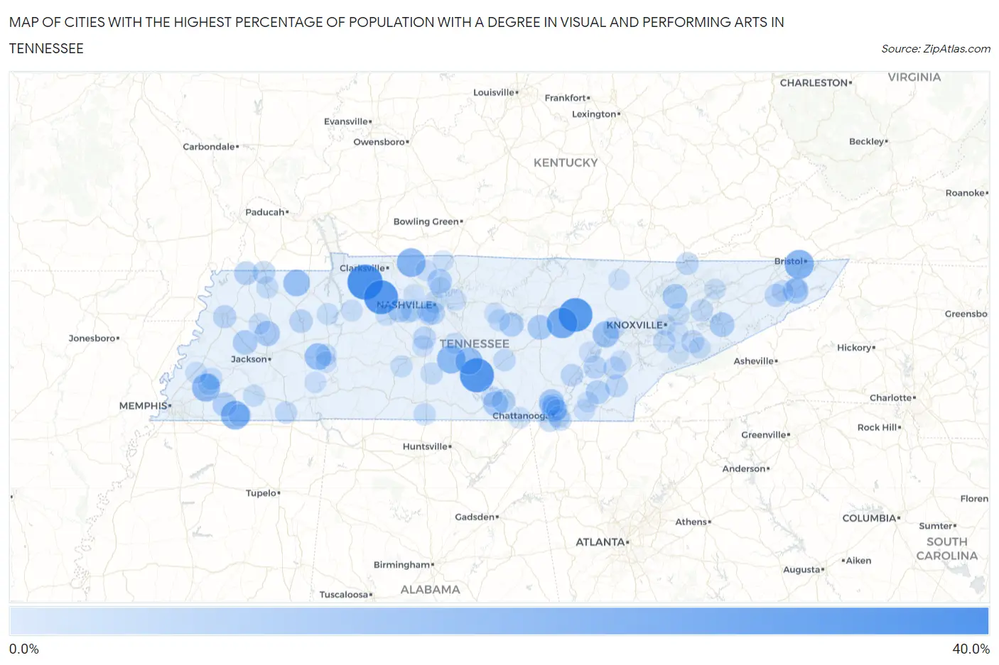 Cities with the Highest Percentage of Population with a Degree in Visual and Performing Arts in Tennessee Map