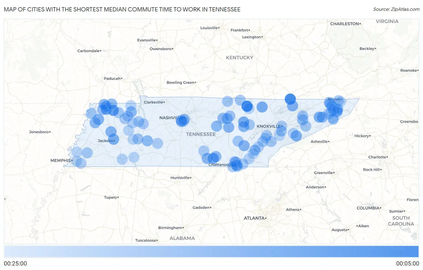 Cities with the Shortest Median Commute Time to Work in Tennessee Map