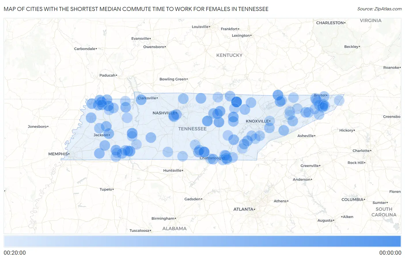 Cities with the Shortest Median Commute Time to Work for Females in Tennessee Map